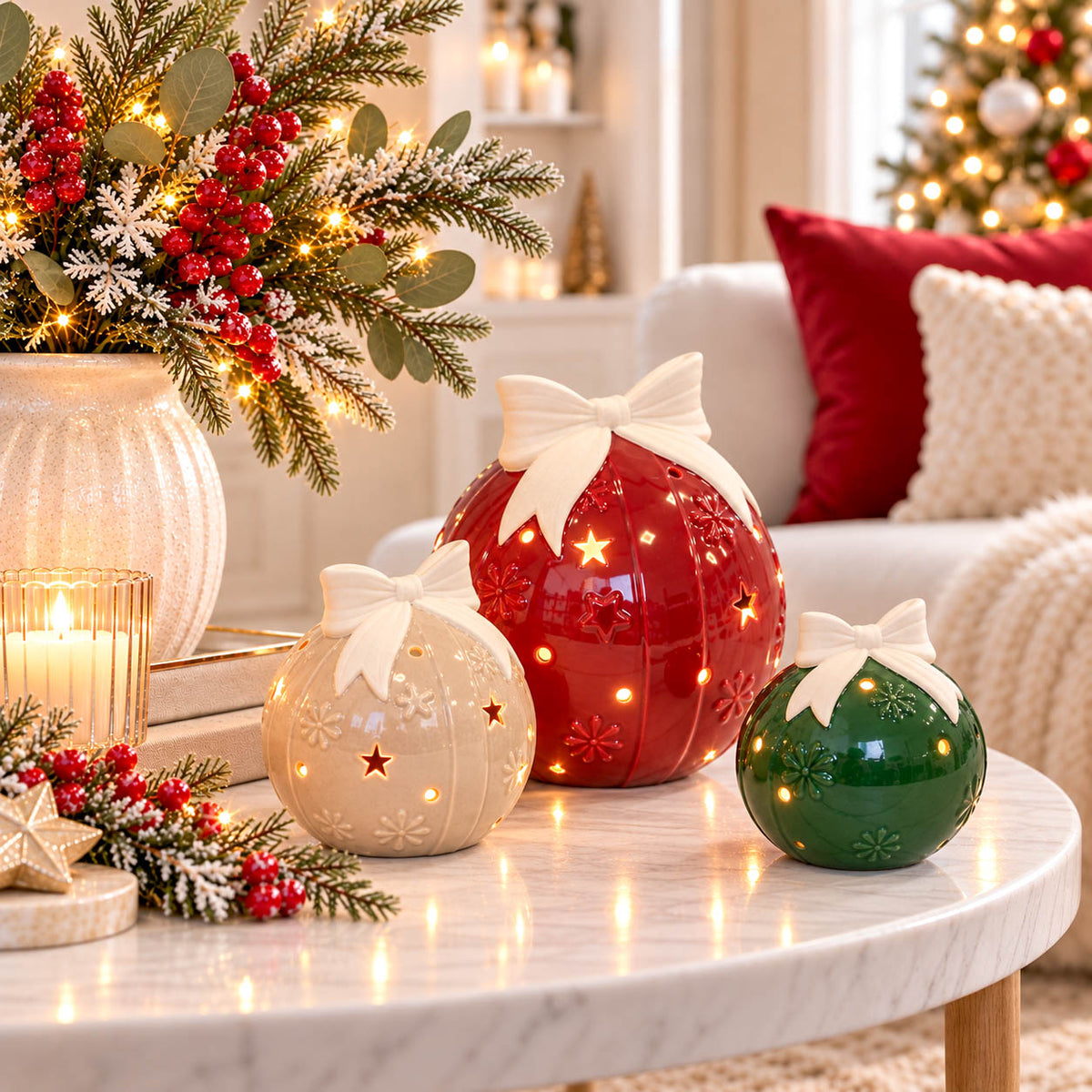 Beige Ceramic LED Bauble with Bow Medium