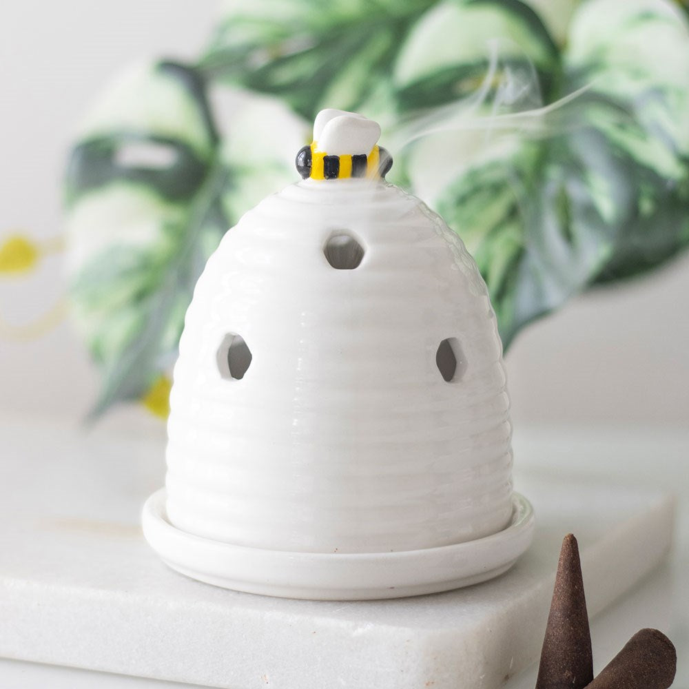 White Beehive Incense Cone Holder Set