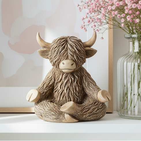 Yoga Moo Happy Highland Cow Figurine