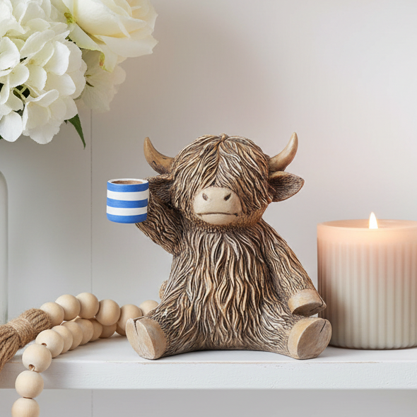 Time For A Cuppa Happy Highland Cow Figurine