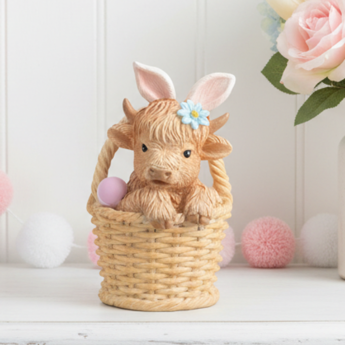 Highland Cow in Easter Basket Figurine