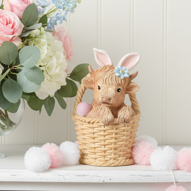Highland Cow in Easter Basket Figurine