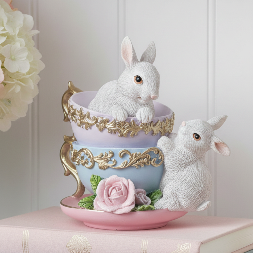 Stacked Teacups & Rabbits Figurine