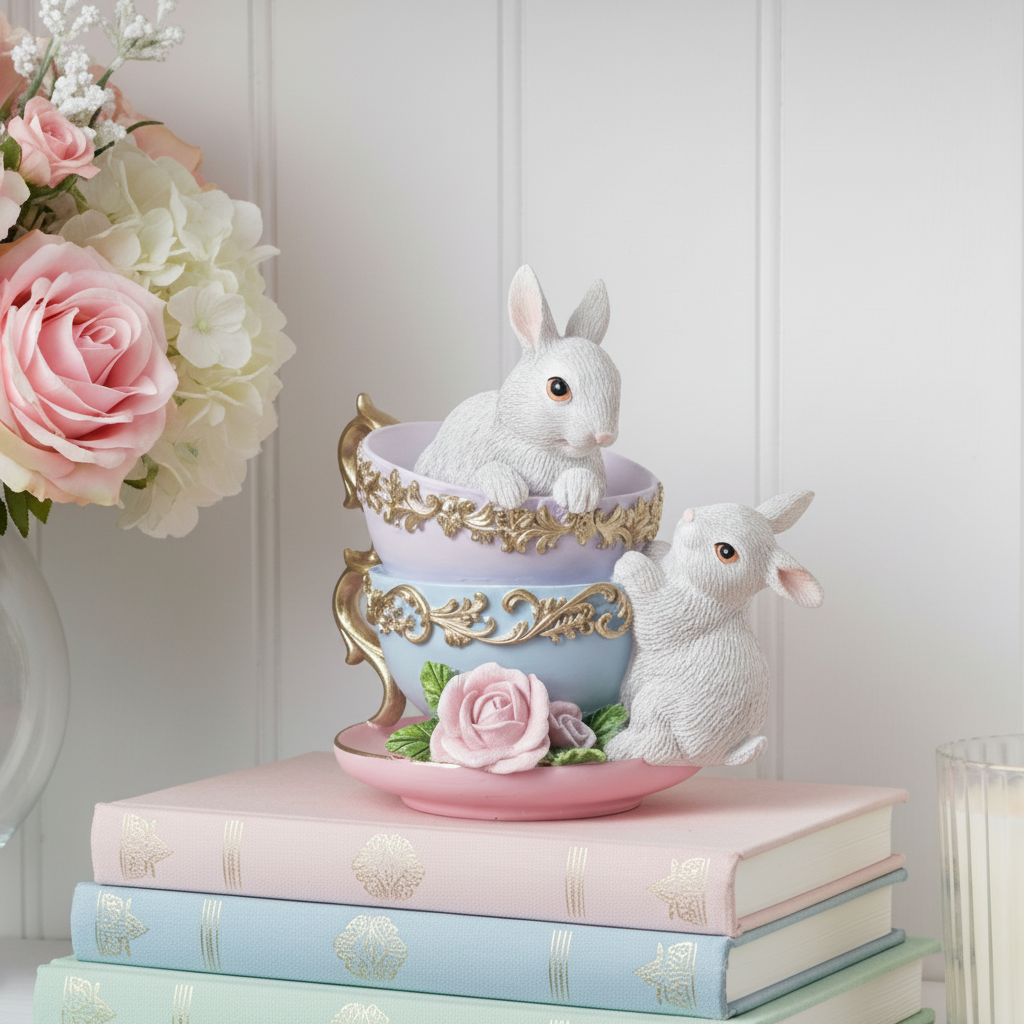 Stacked Teacups & Rabbits Figurine