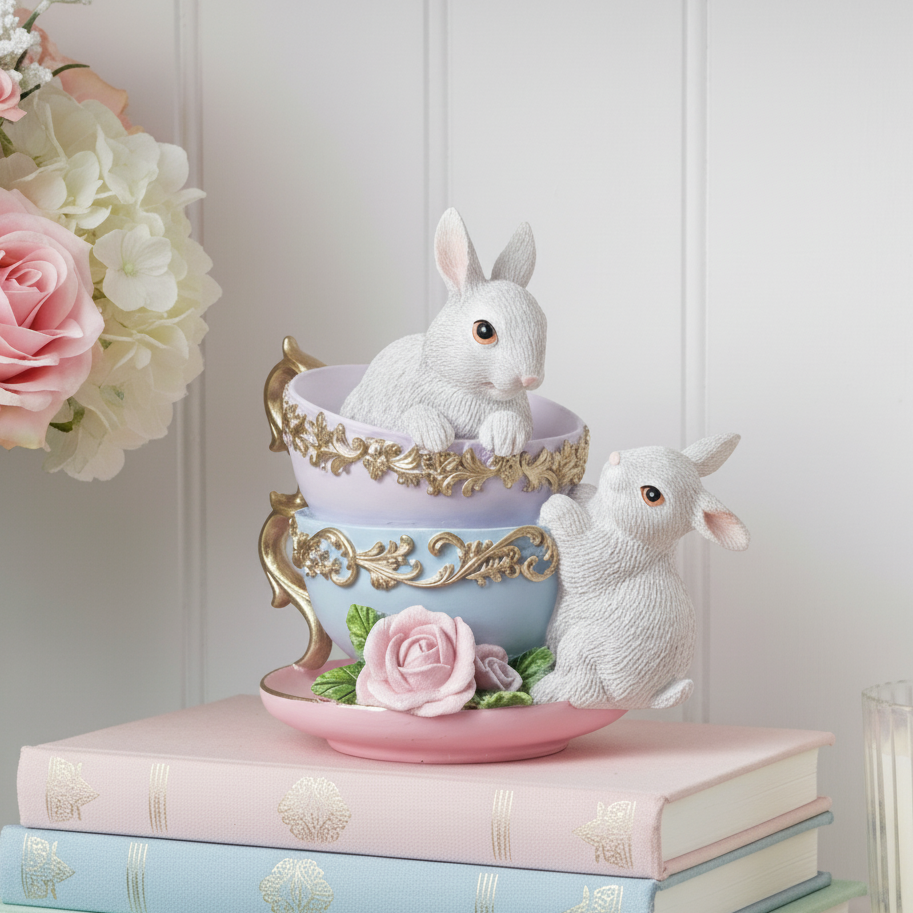 Stacked Teacups & Rabbits Figurine