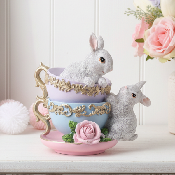 Stacked Teacups & Rabbits Figurine