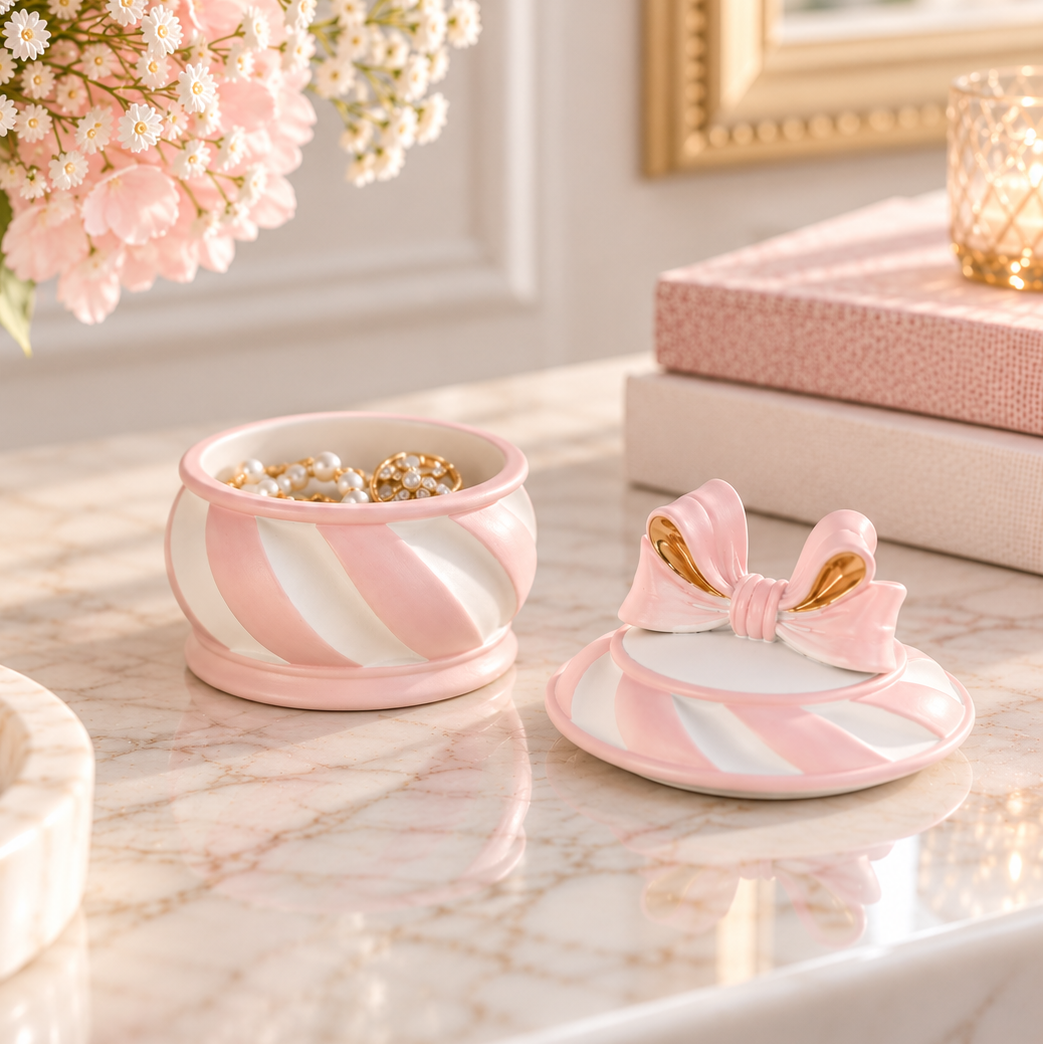 Pink & White Bow Trinket Pot