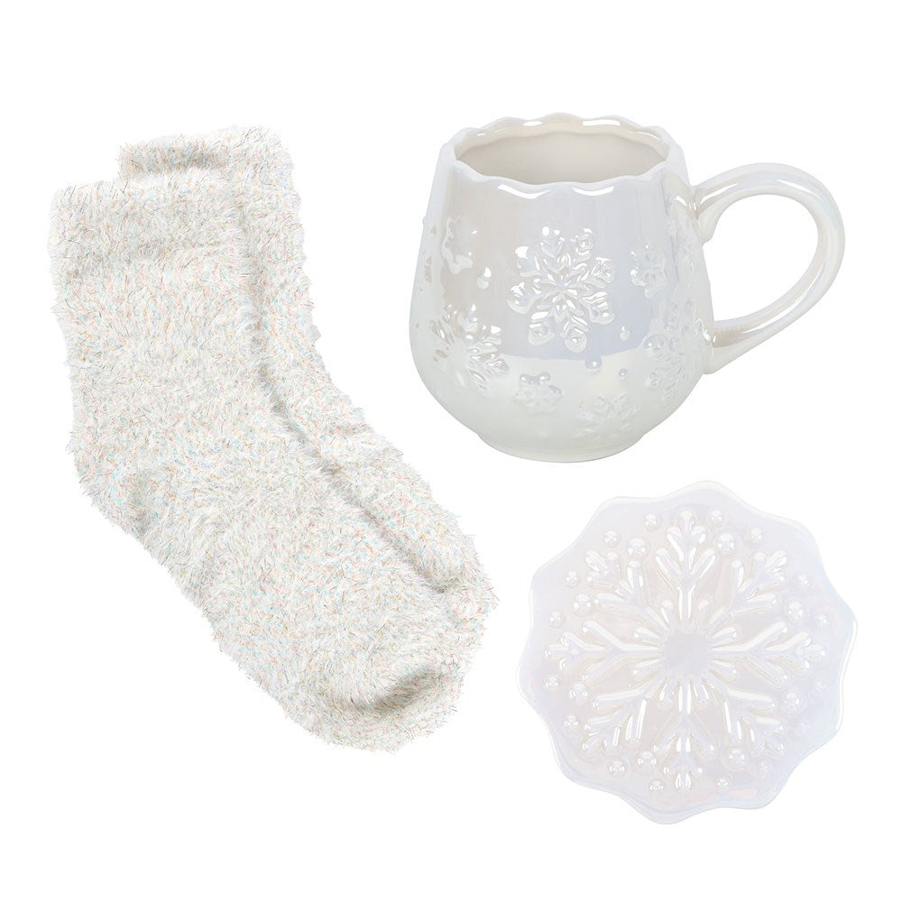 White Iridescent Snowflake Mug, Coaster & Cosy Socks Set
