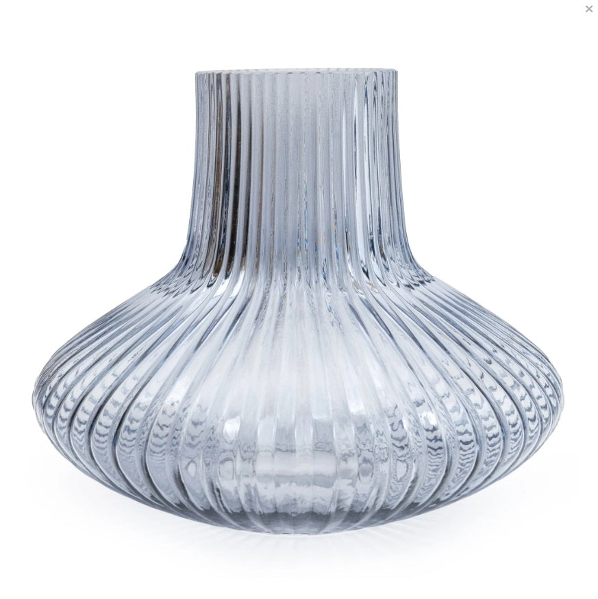Smokey Blue Ridged Glass Bottle Vase