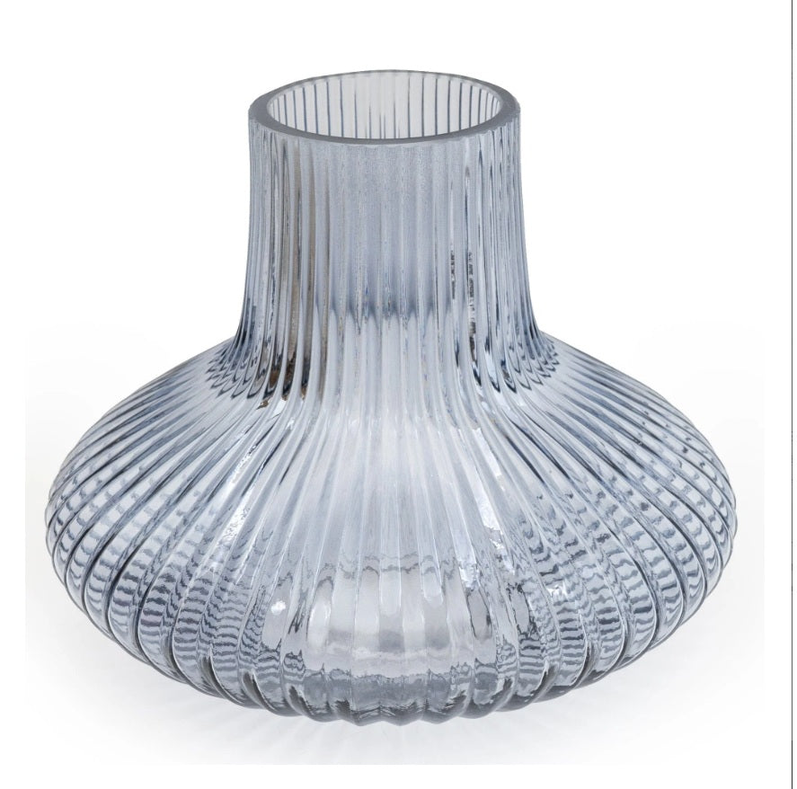 Smokey Blue Ridged Glass Bottle Vase
