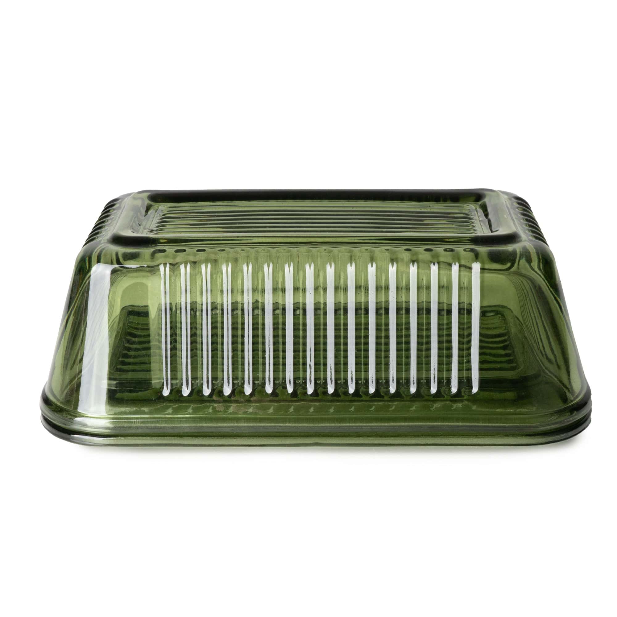 Green Ridged Glass Butter Dish
