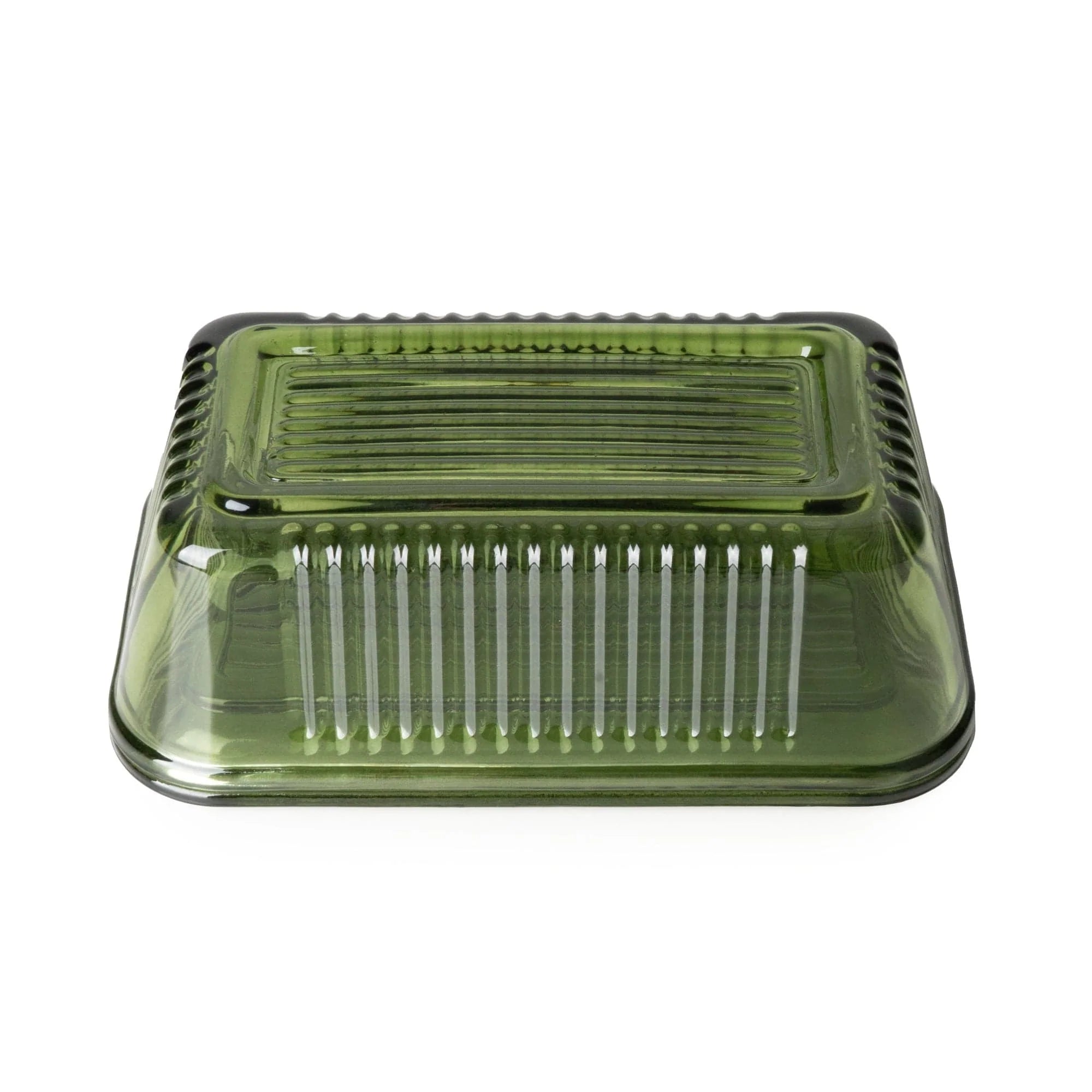 Green Ridged Glass Butter Dish