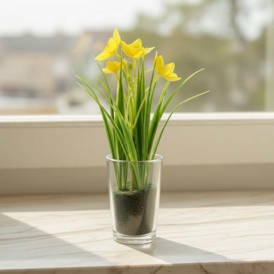 Artificial Daffodils in Glass Vase