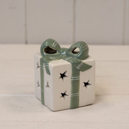 White & Green Bow LED Gift Ornament