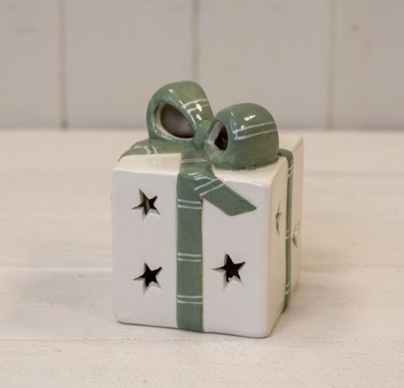 White & Green Bow LED Gift Ornament