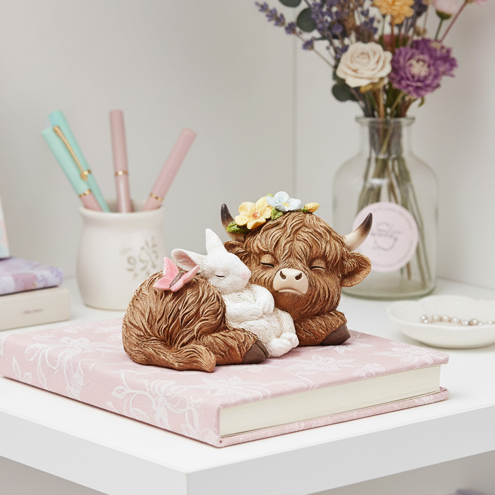 Sleeping Highland Cow with Bunny
