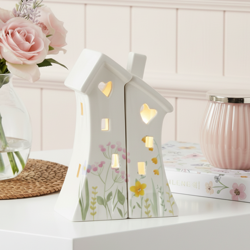 White Floral LED House Set