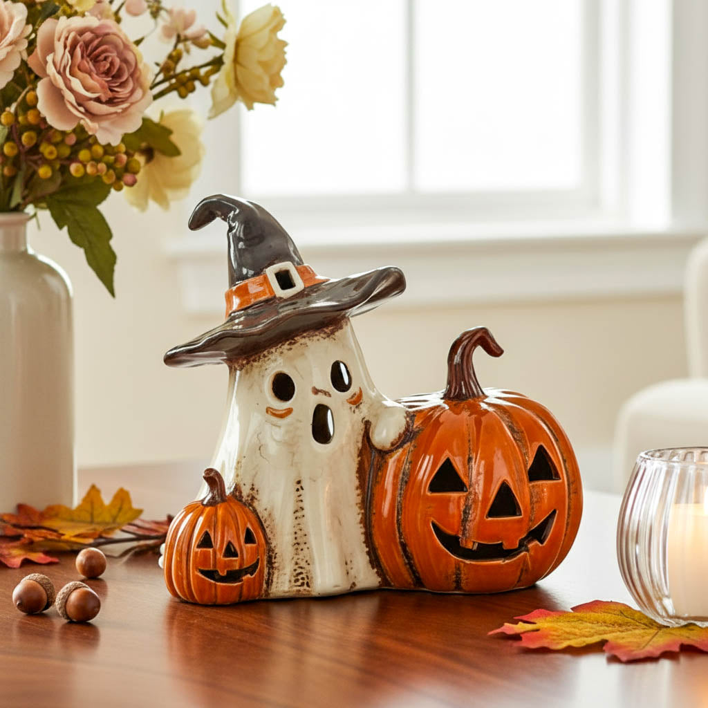 Village Pottery Ghost and Pumpkins Tealight Holder