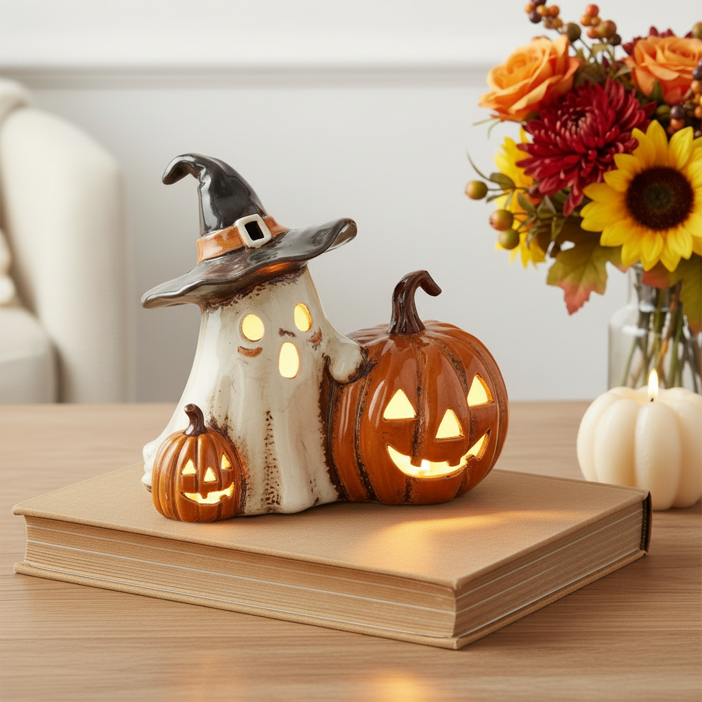 Village Pottery Ghost and Pumpkins Tealight Holder