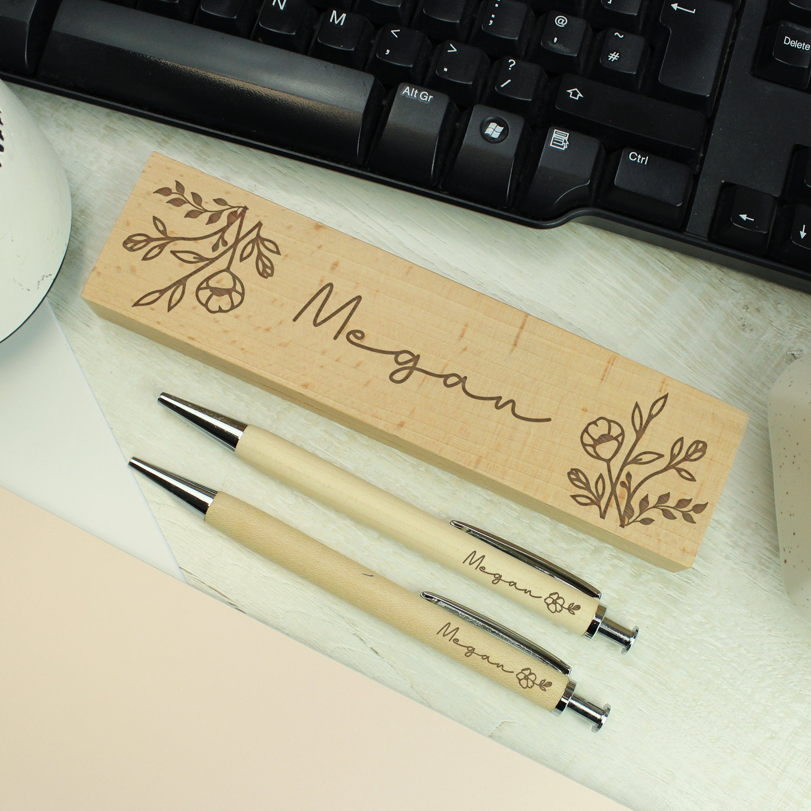 Personalised Floral Wooden Pen & Pencil Set