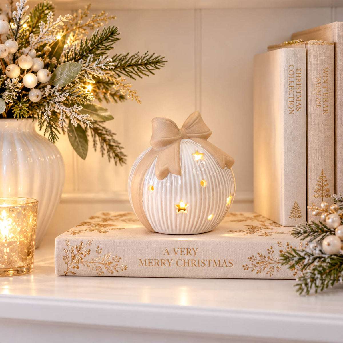 Natural Striped LED Bauble with Bow