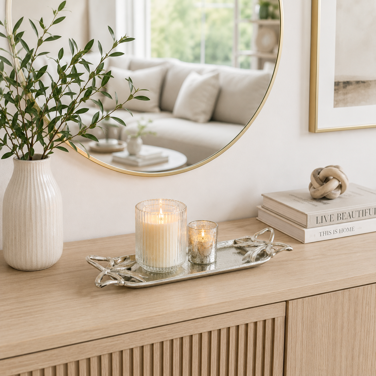 Silver Aluminium Candle Tray with Bow Detail
