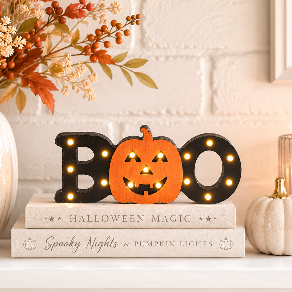 Black Wooden Boo LED Sign