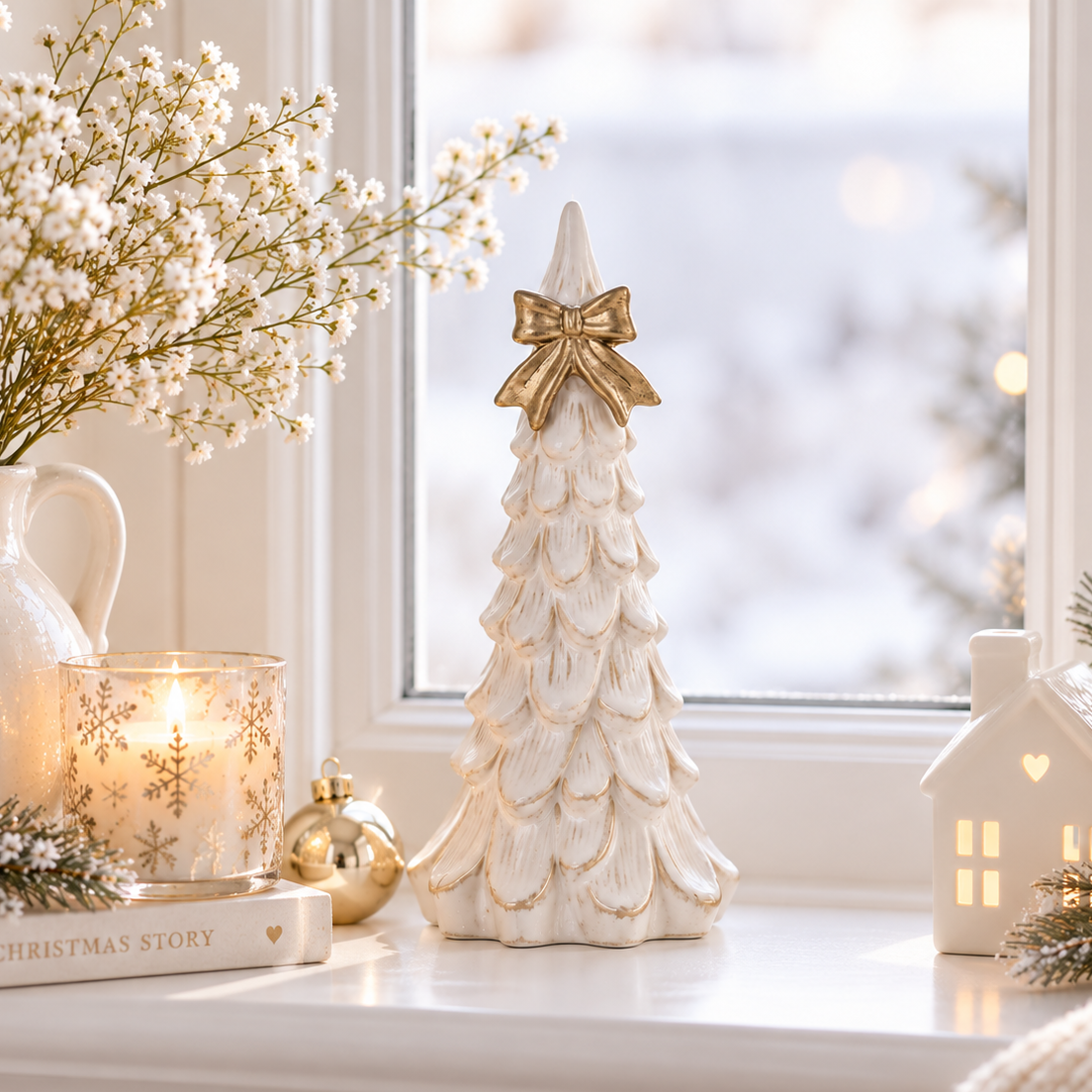 White Ceramic Tree with Gold Bow