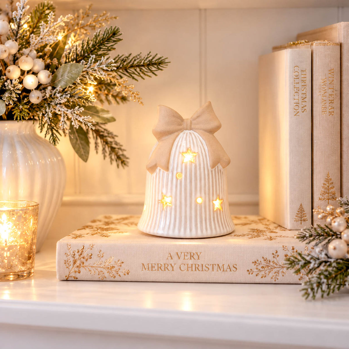 Natural Striped LED Christmas Bell with Bow