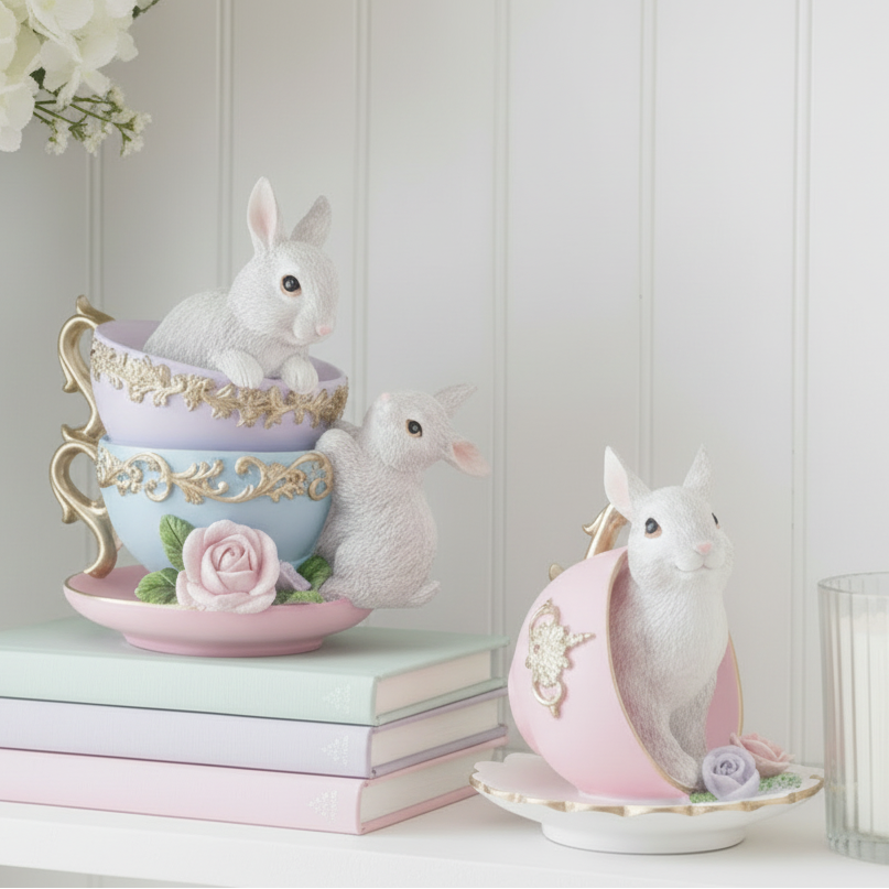Stacked Teacups & Rabbits Figurine