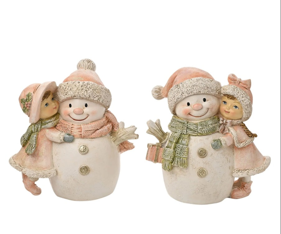 Vintage Pastel Snowman &amp; Girl Figurine Set of 2
