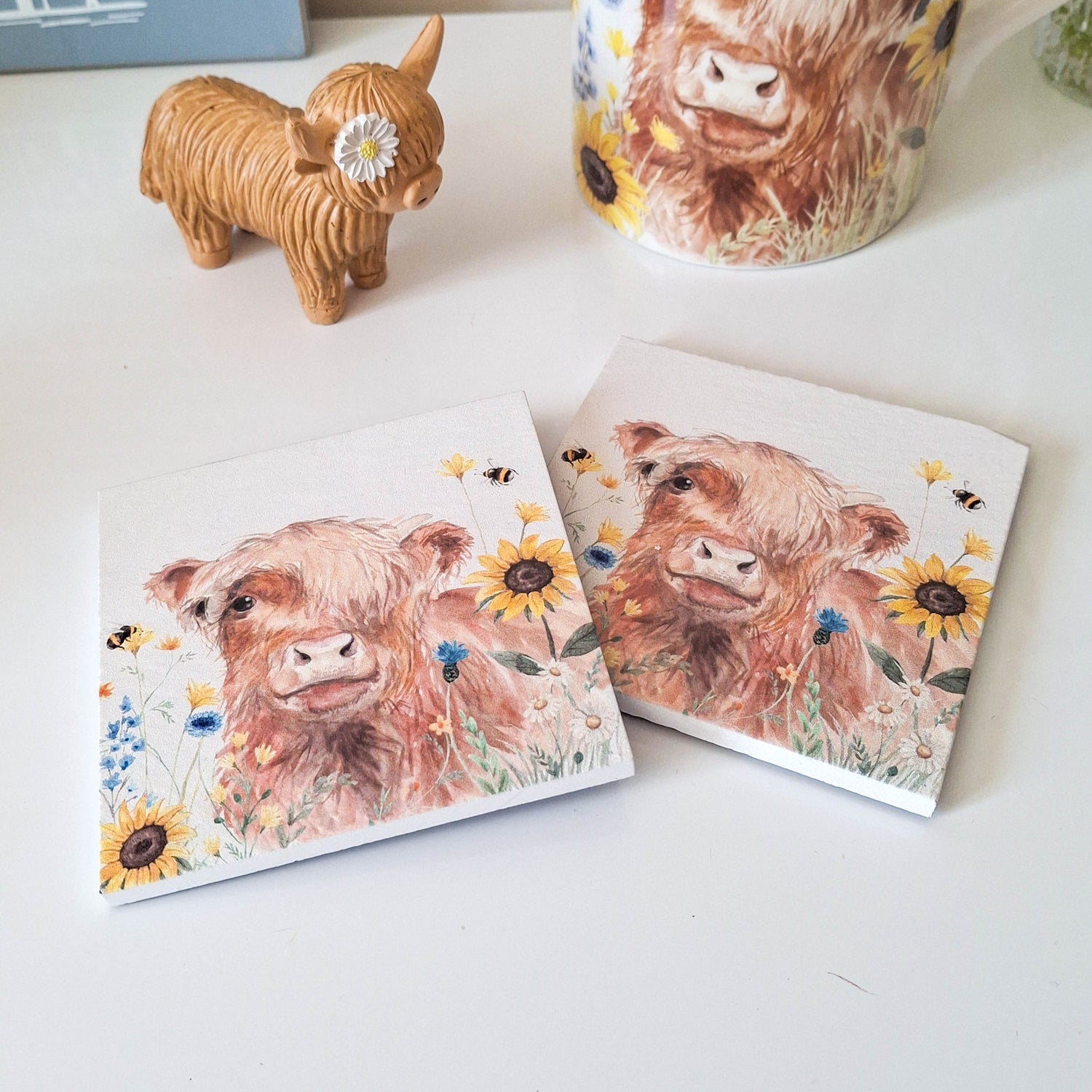 Floral Highland Cow Coasters Set of 2