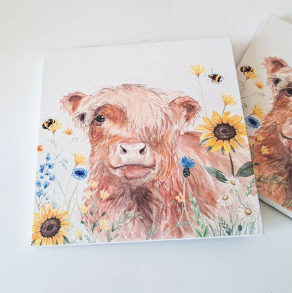 Floral Highland Cow Coasters Set of 2
