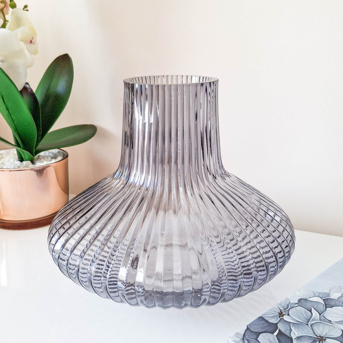 Smokey Blue Ridged Glass Bottle Vase