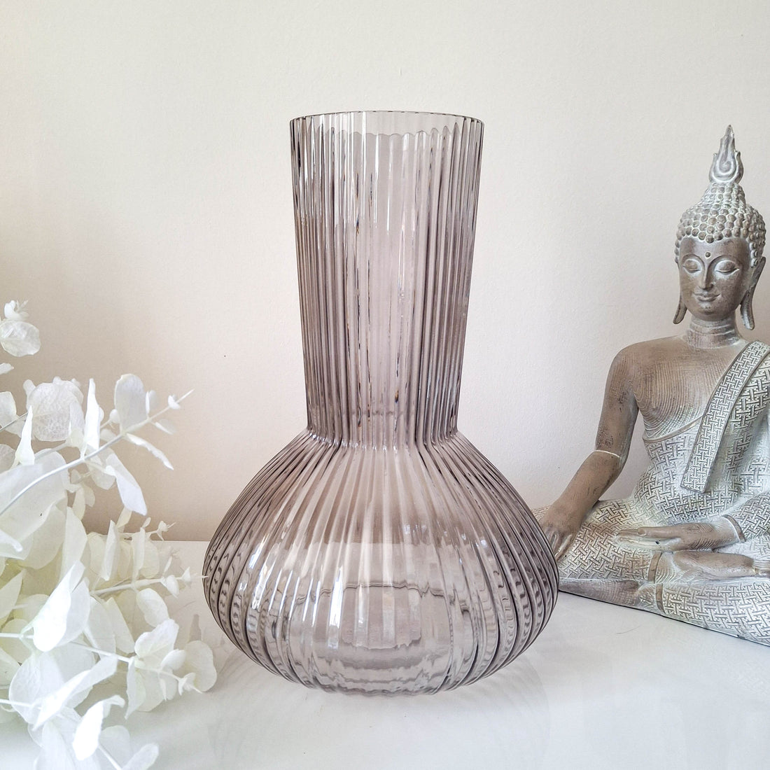 Tall Grey Ridged Glass Bottle Vase