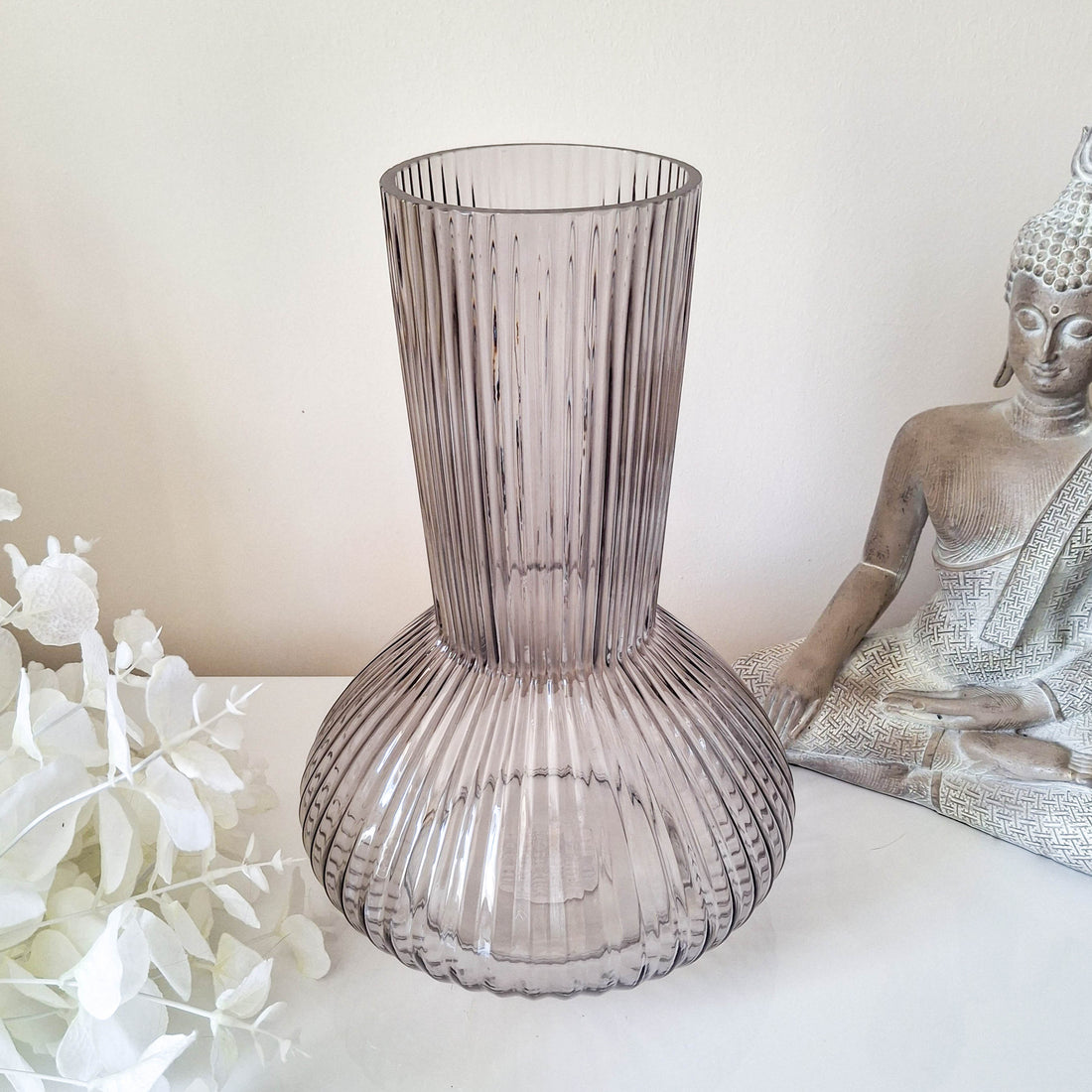 Tall Grey Ridged Glass Bottle Vase