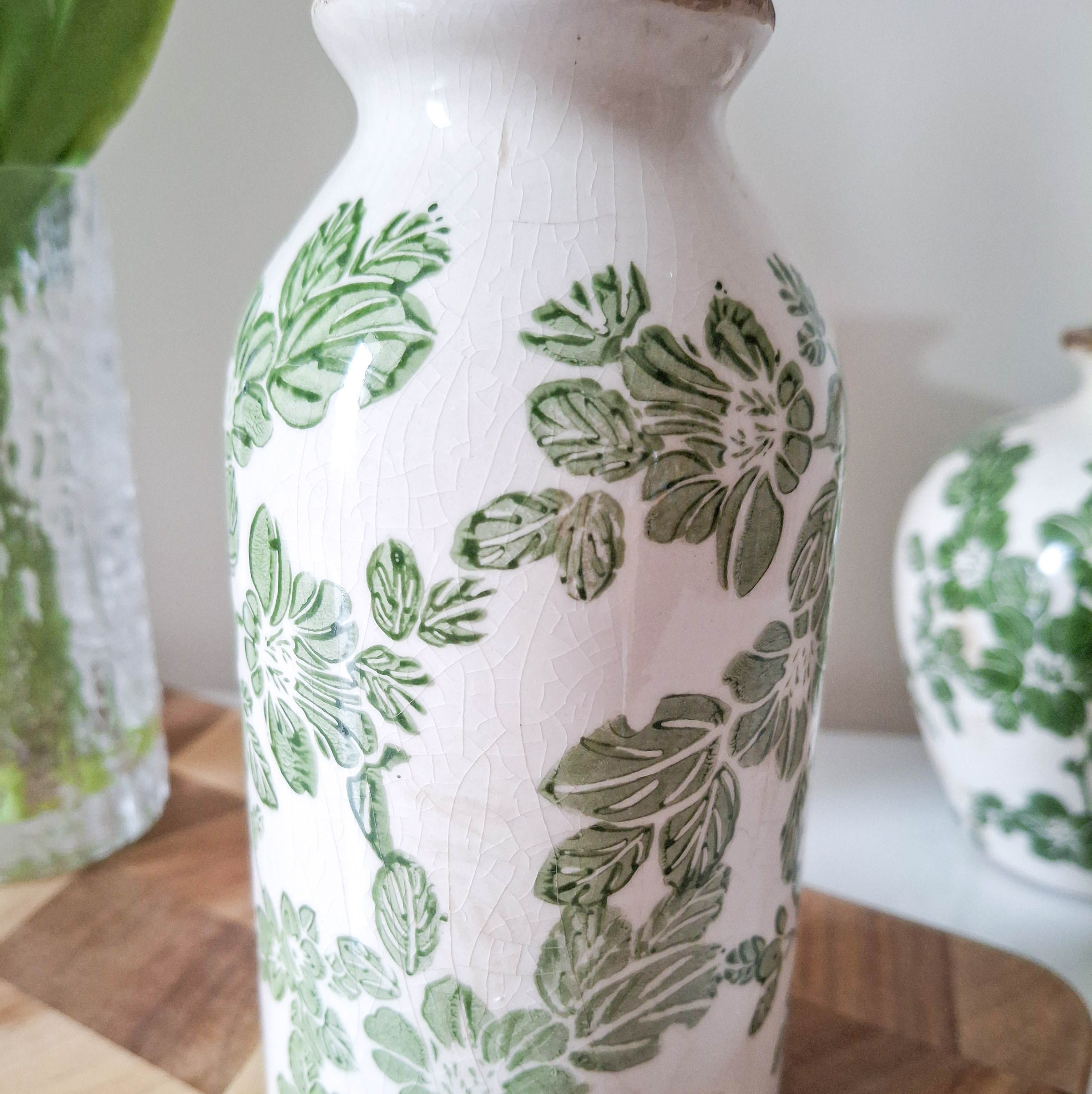 Green Clematis Crackle Bottle Vase