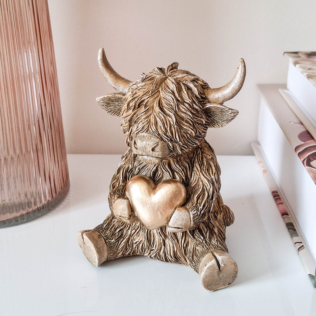 Gold Heart Happy Highland Cow Figurine