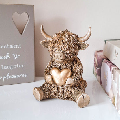 Gold Heart Happy Highland Cow Figurine