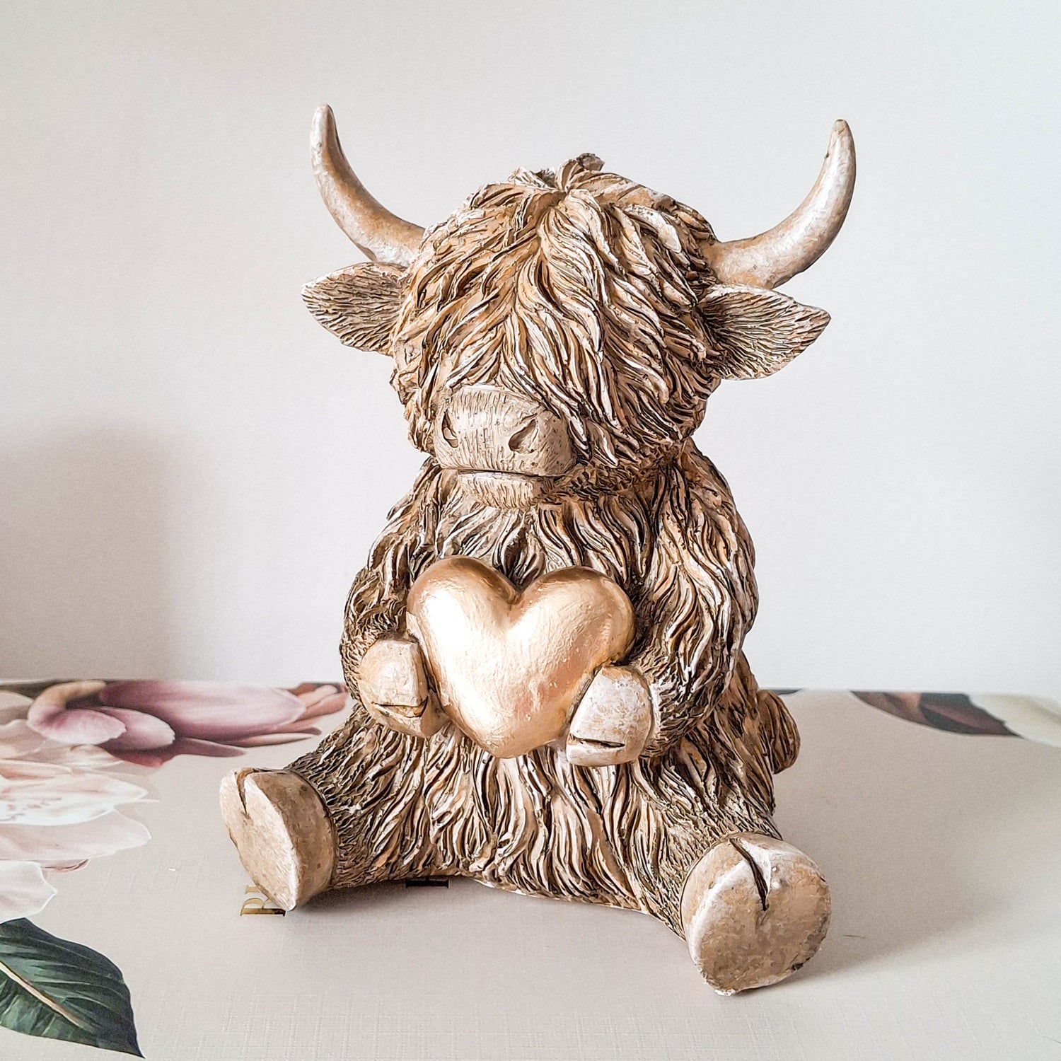 Gold Heart Happy Highland Cow Figurine