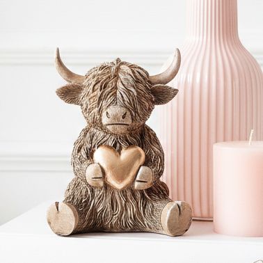 BACK SOON Heart of Gold Happy Highland Cow Figurine