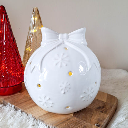 Glazed Ceramic LED Snowflake Bauble with Bow