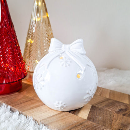 Glazed Ceramic LED Snowflake Bauble with Bow