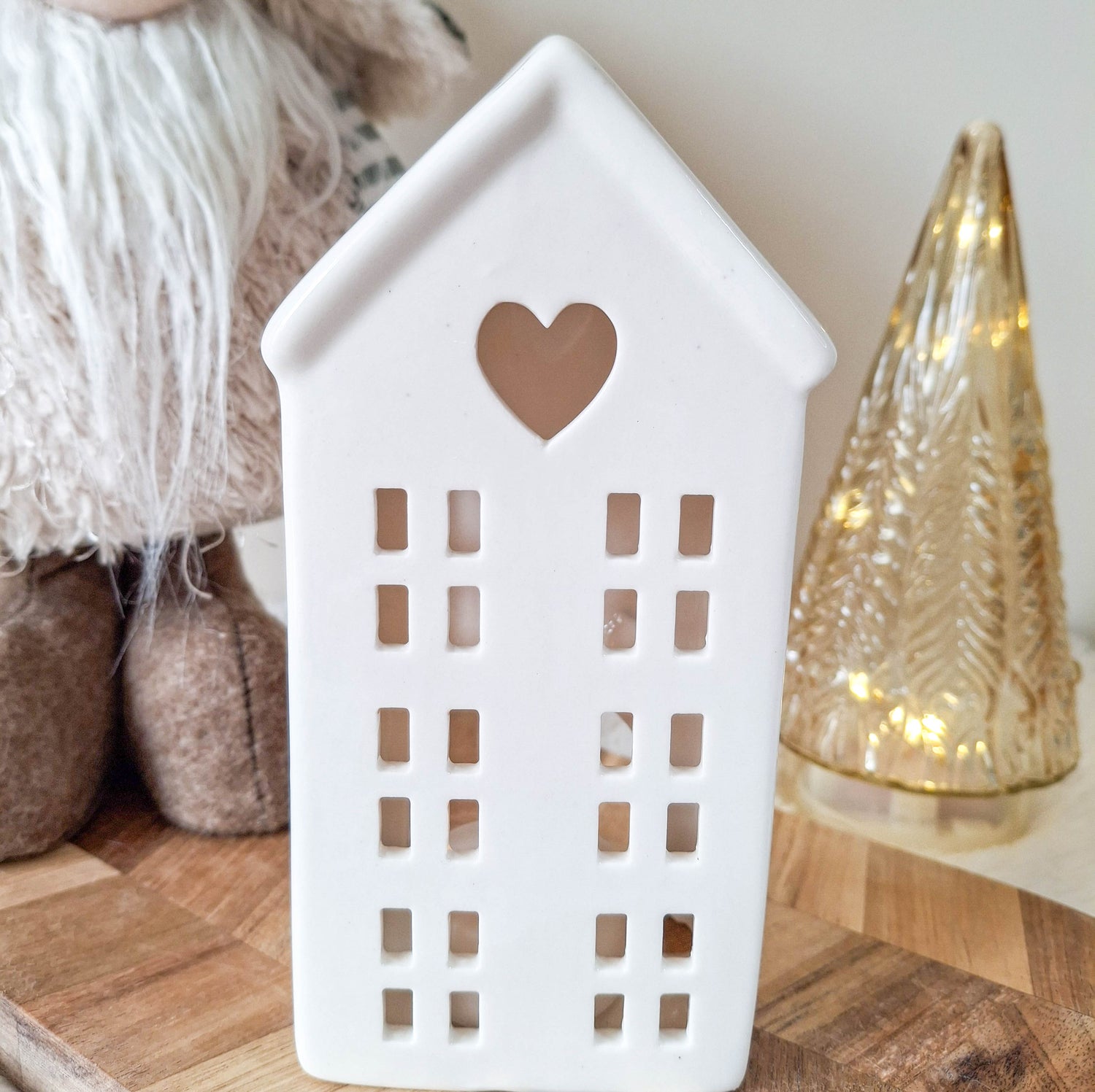 White Ceramic Heart LED House
