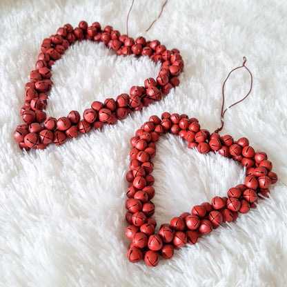 Set of 2 Red Jingle Bell Heart Hangers