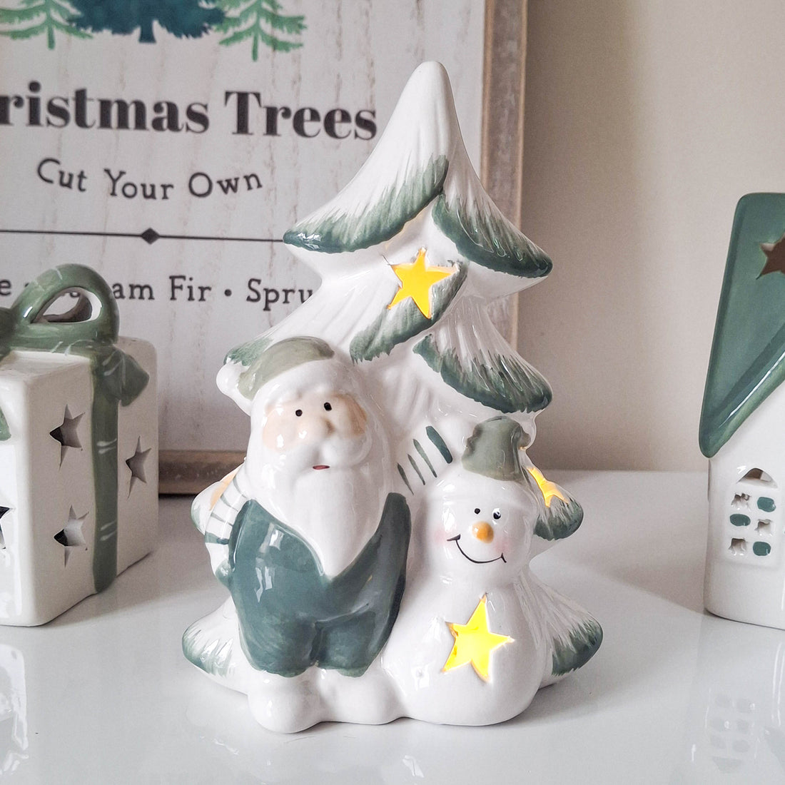 White &amp; Green LED Tree with Santa and Snowman