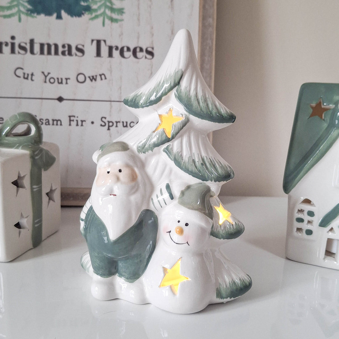 White &amp; Green LED Tree with Santa and Snowman