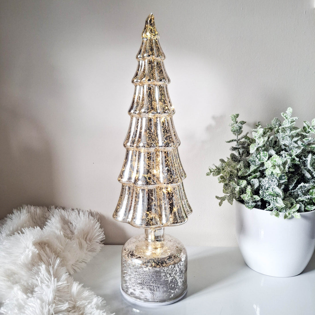 Antiqued Silver Revolving LED Glass Tree