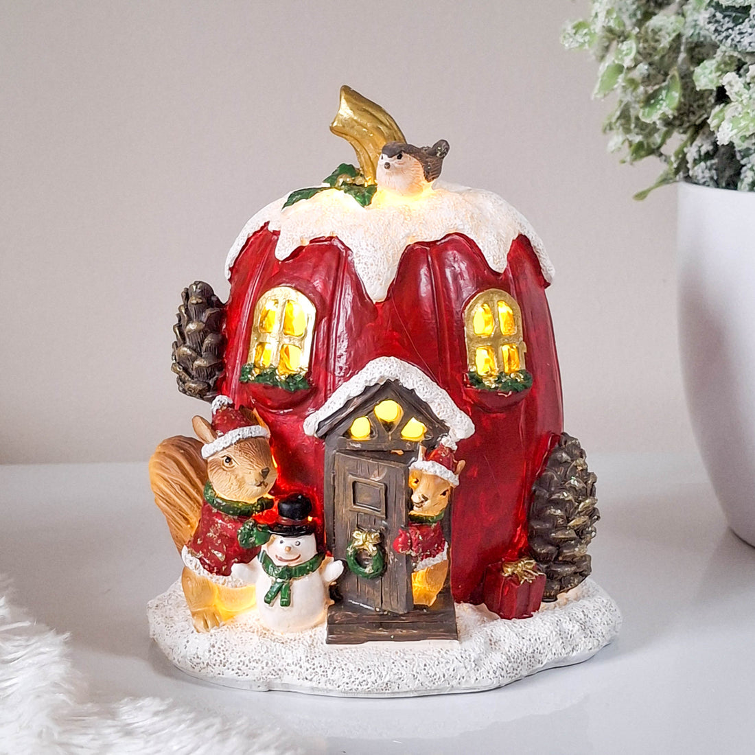 Red Christmas House with Squirrels