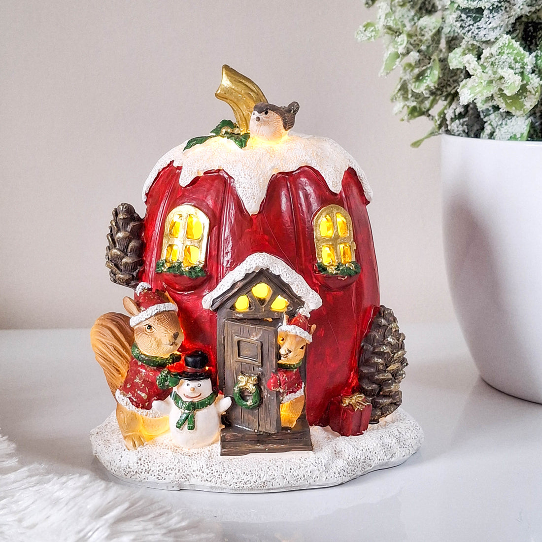 Red Christmas House with Squirrels